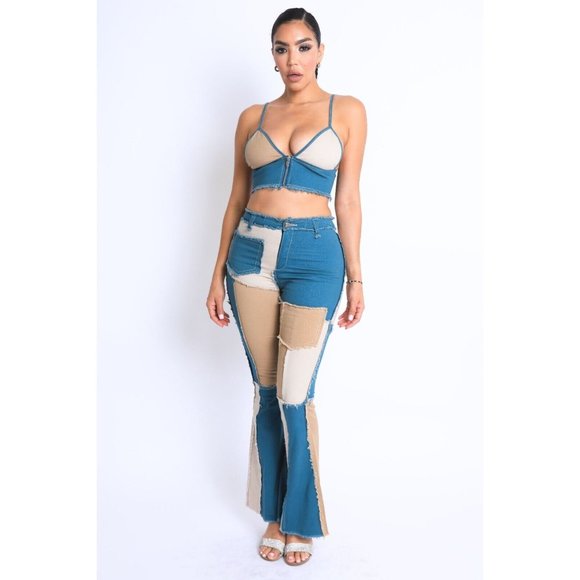 Women's Colorblock Patchwork Cop Top And Matching Pants 2 Piece Set Club Party - Picture 6 of 11